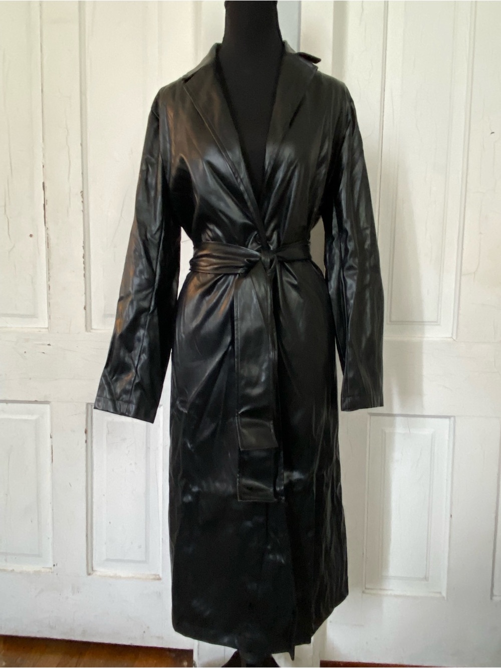 Black Faux Leather Belted Trench Coat - Women's